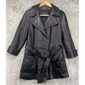 VTG Pierre Andre Women's Trench Coat‎ Size 16 Black Leather Belted